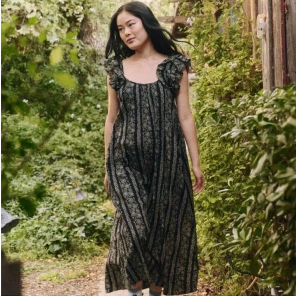 THE GREAT. The Cascade Dress. Black and Cream, Floral Ruffle-Strap Maxi Dress.